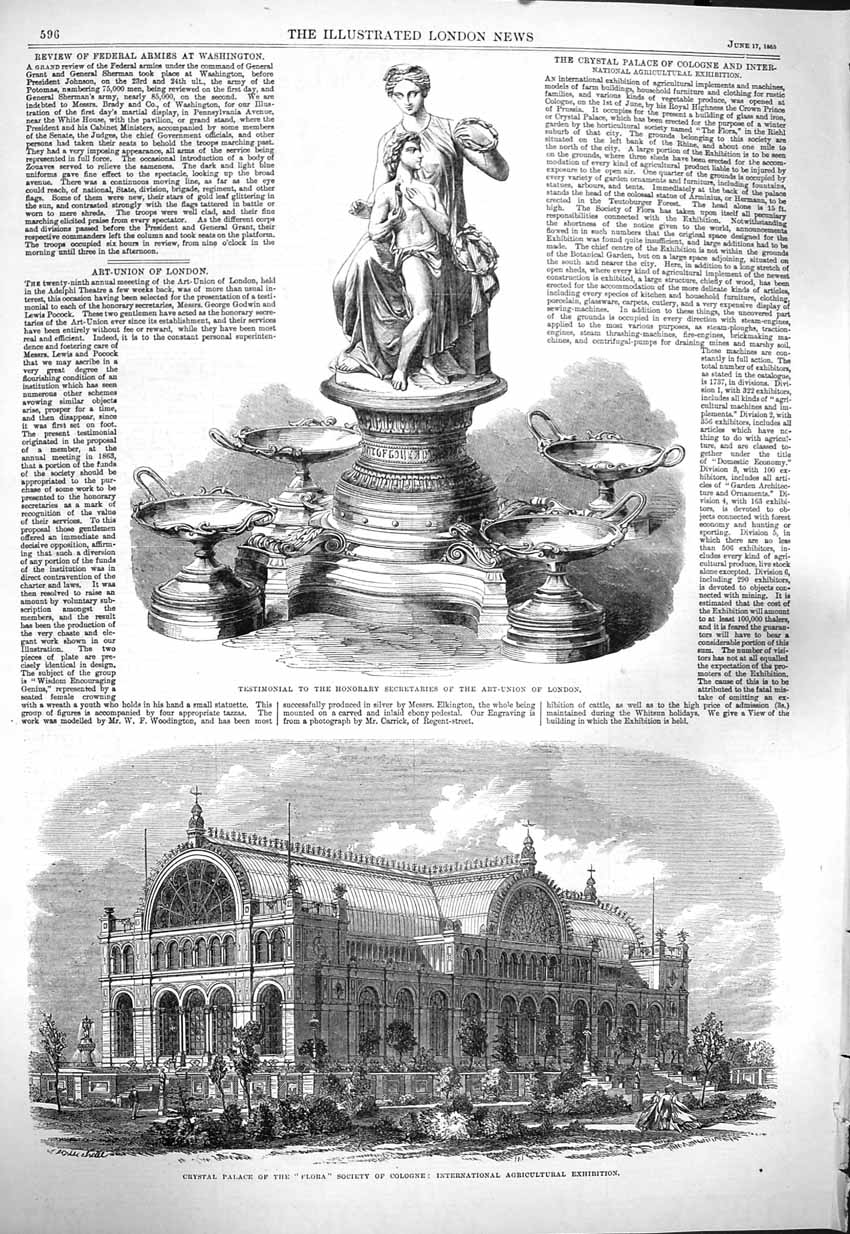 Old Antique Print 1865 Crystal Palace Flora Cologne Testimonial Art-Union 19th