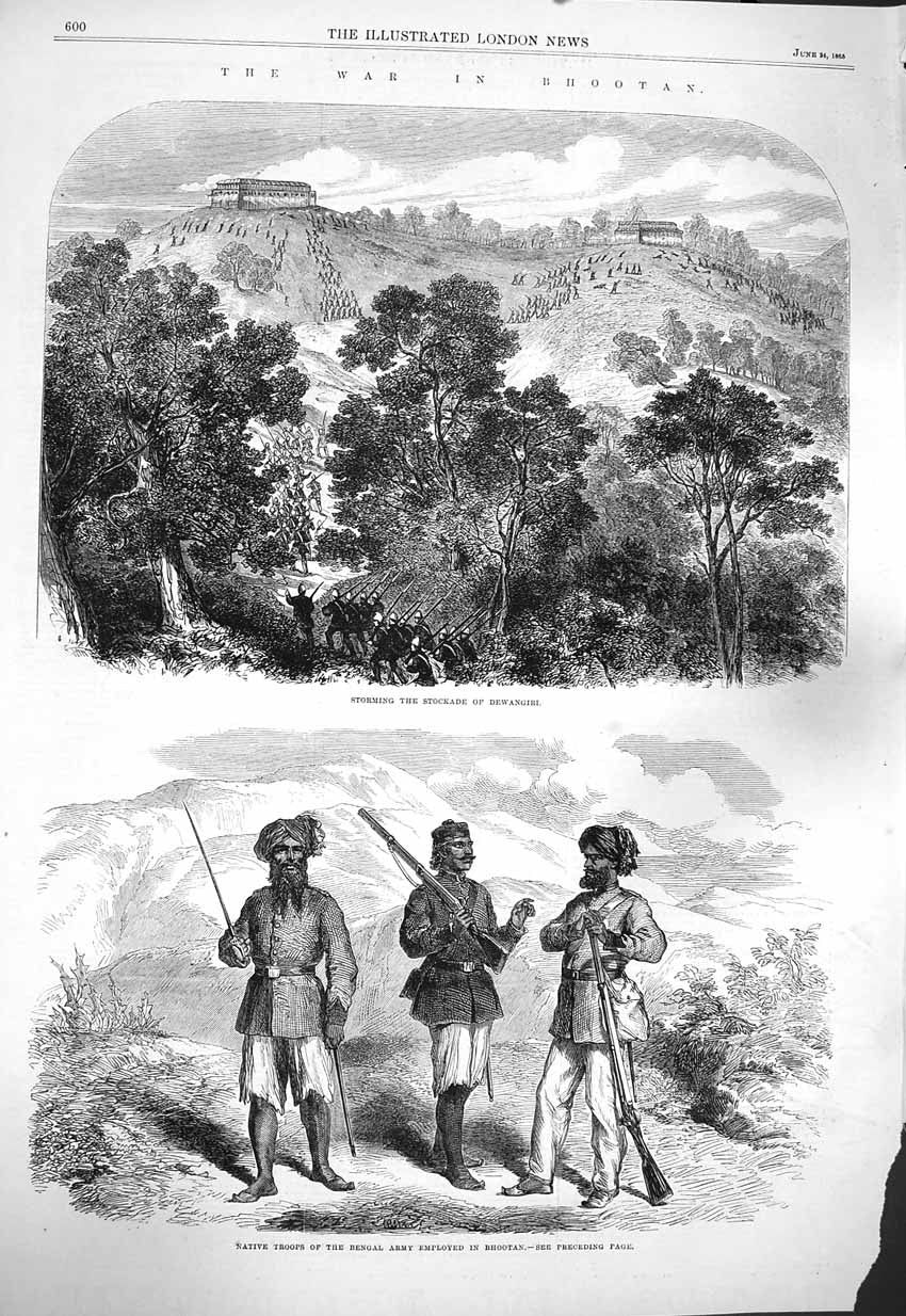 Old Antique Print 1865 War Bhootan Stockade Dewangiri Bengal Army Troops 19th
