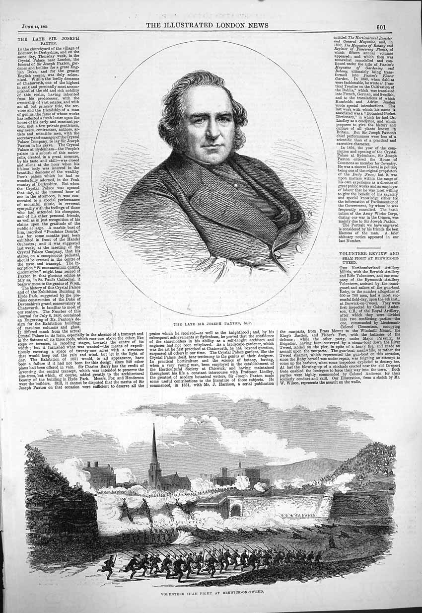 Original Old Antique Print 1865 Sir Joseph Paxton Sham Fight Berwick-O Victorian