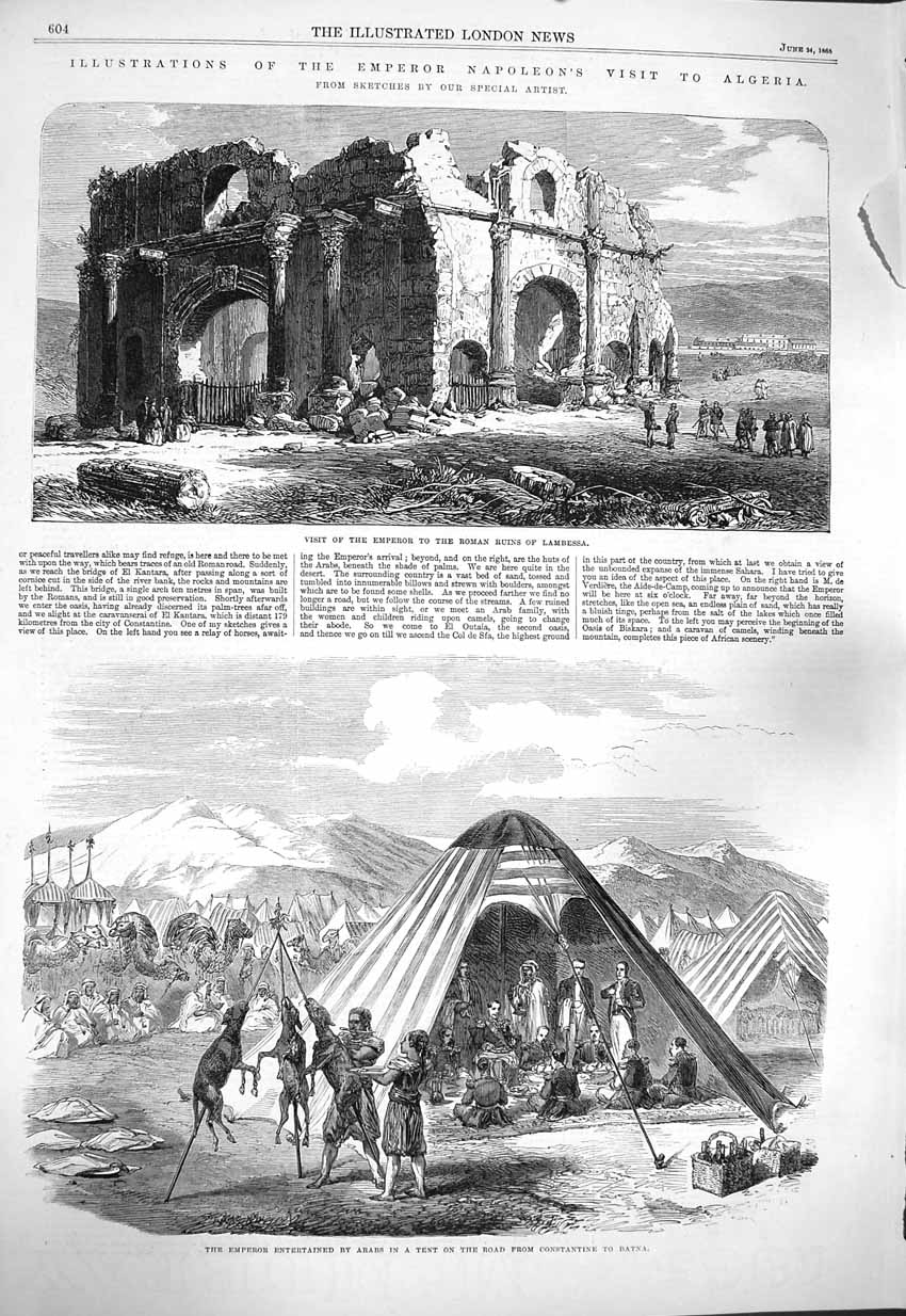Old Antique Print 1865 Napoleon Algeria Lambessa Arab Tent Sahara Kantara 19th