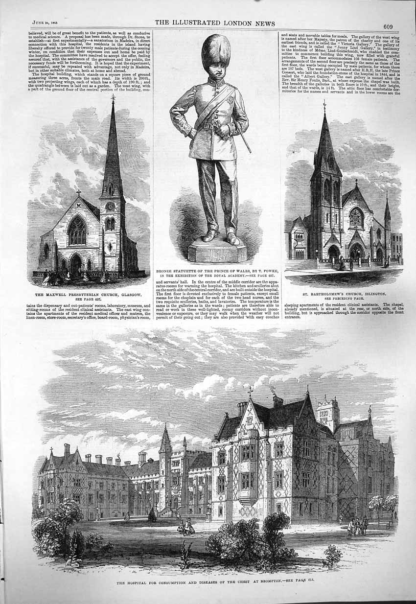 Old Antique Print 1865 Hospital Consumption Brompton Prince Wales Church 19th