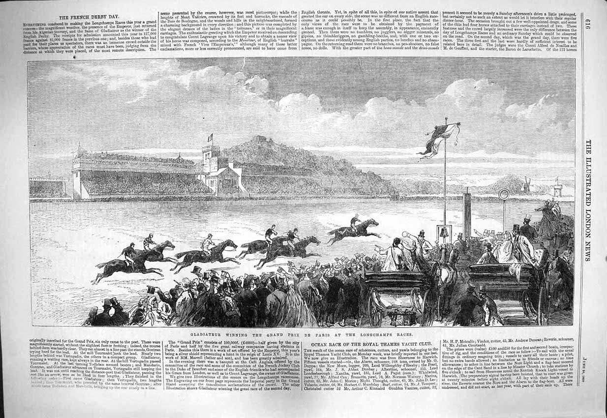 Original Old Antique Print 1865 Gladiateur Horse Race Grand Prix Paris Lon 19th