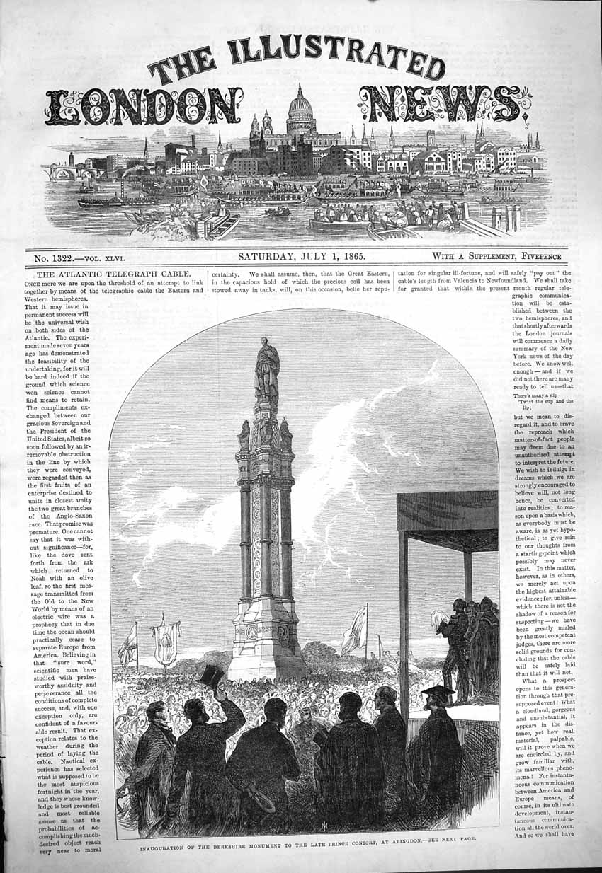 Old Antique Print *3949 1865 Berkshire Monument Prince Consort Abingdon