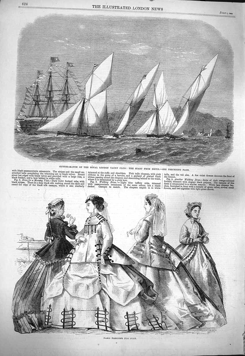Original Old Antique Print 1865 Paris Fashion Cutter-Match London Yacht Erith