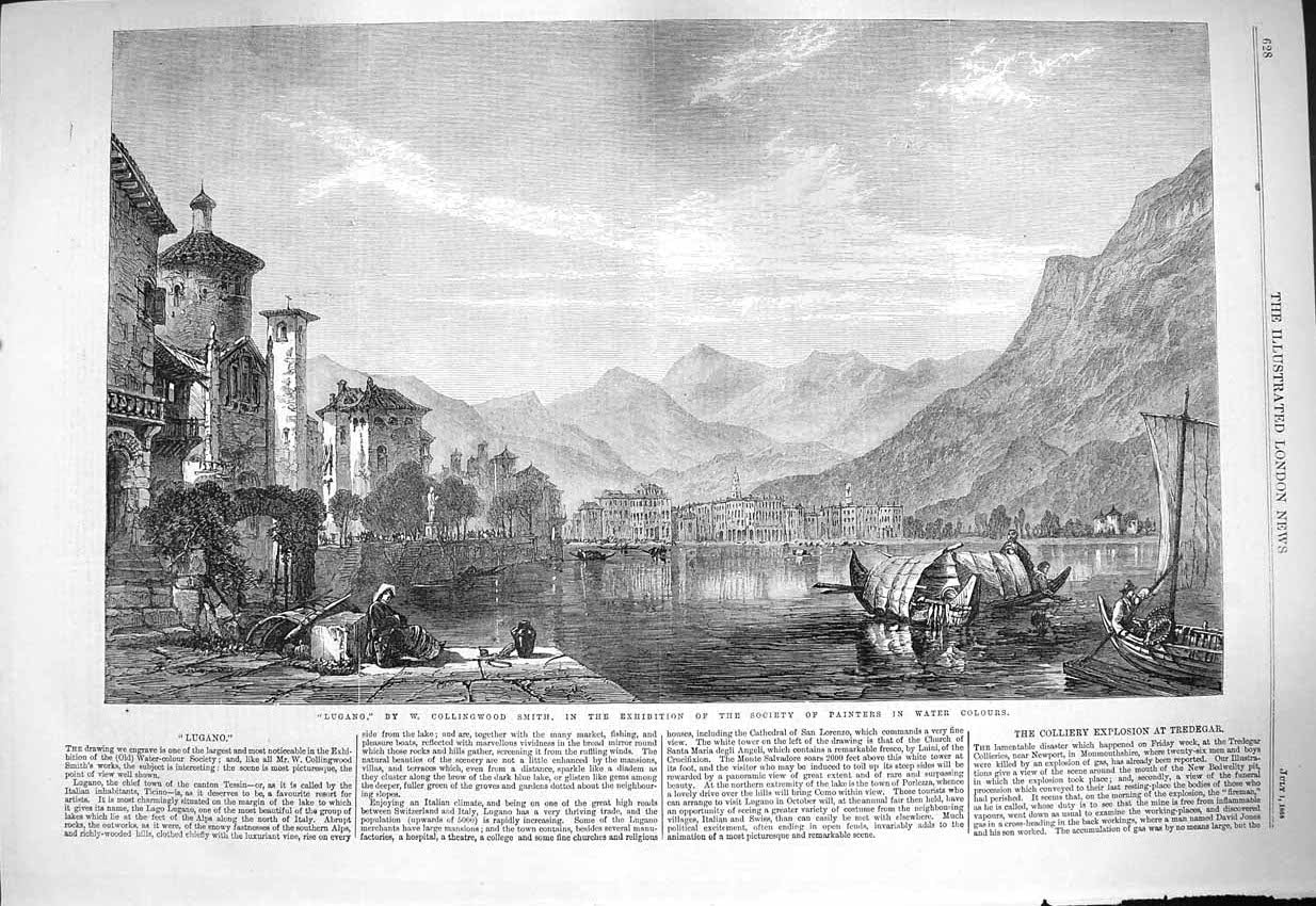 Original Old Antique Print 1865 Lugano Mountains Boats Collingwood Smith Art