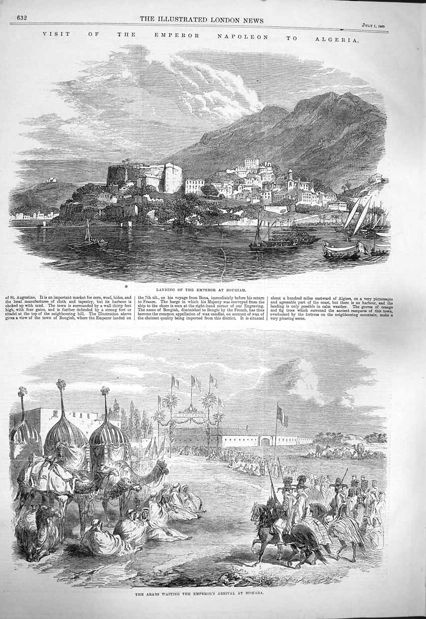 Original Old Antique Print 1865 Emperor Napoleon Algeria Bougiah Arabs Biskara