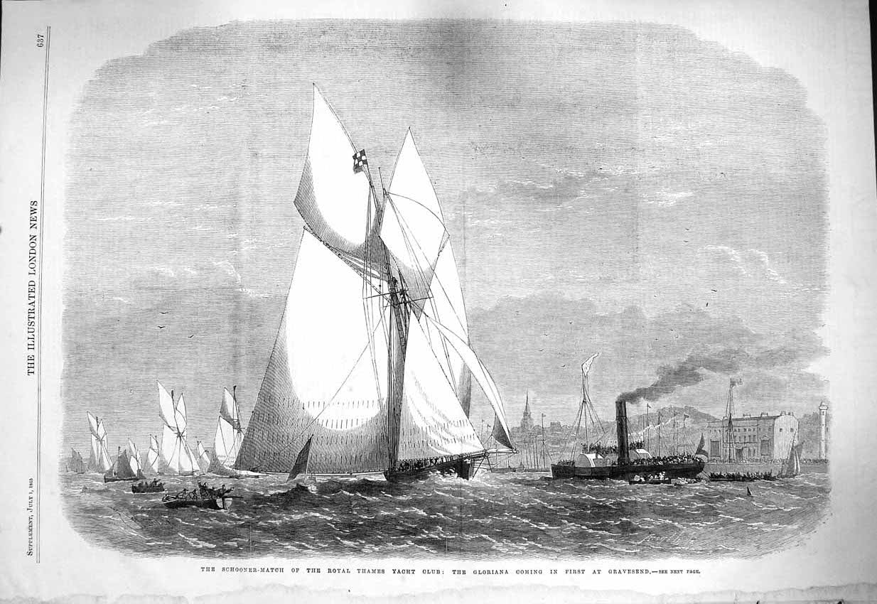 Old Antique Print 1865 Schooner Match Royal Thames Yacht Club Gravesend 19th