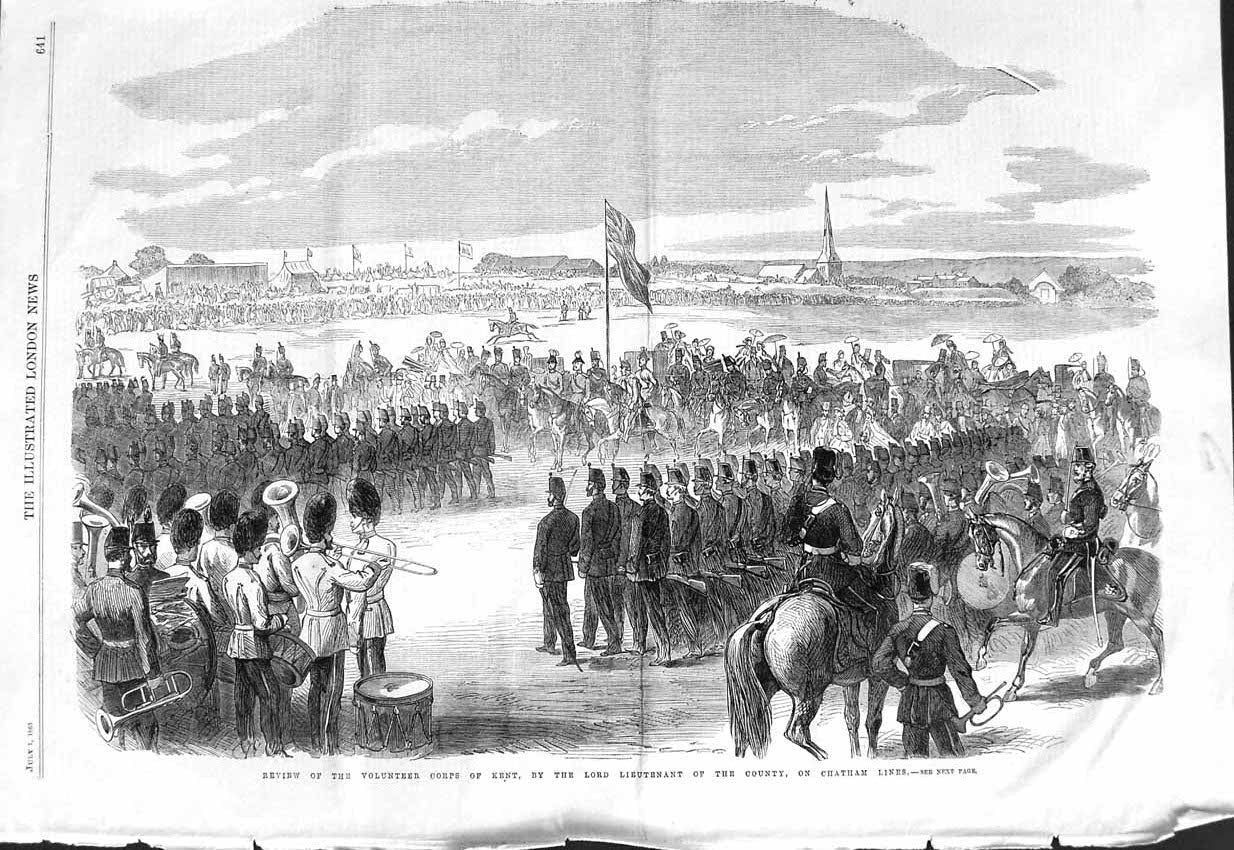 Original Old Antique Print 1865 Volunteer Corps Kent Lieutenant County Chatham