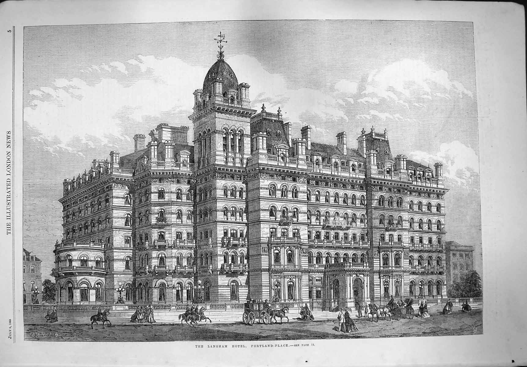 Old Antique Print 1865 Langham Hotel Portland Place Architecture Building 19th