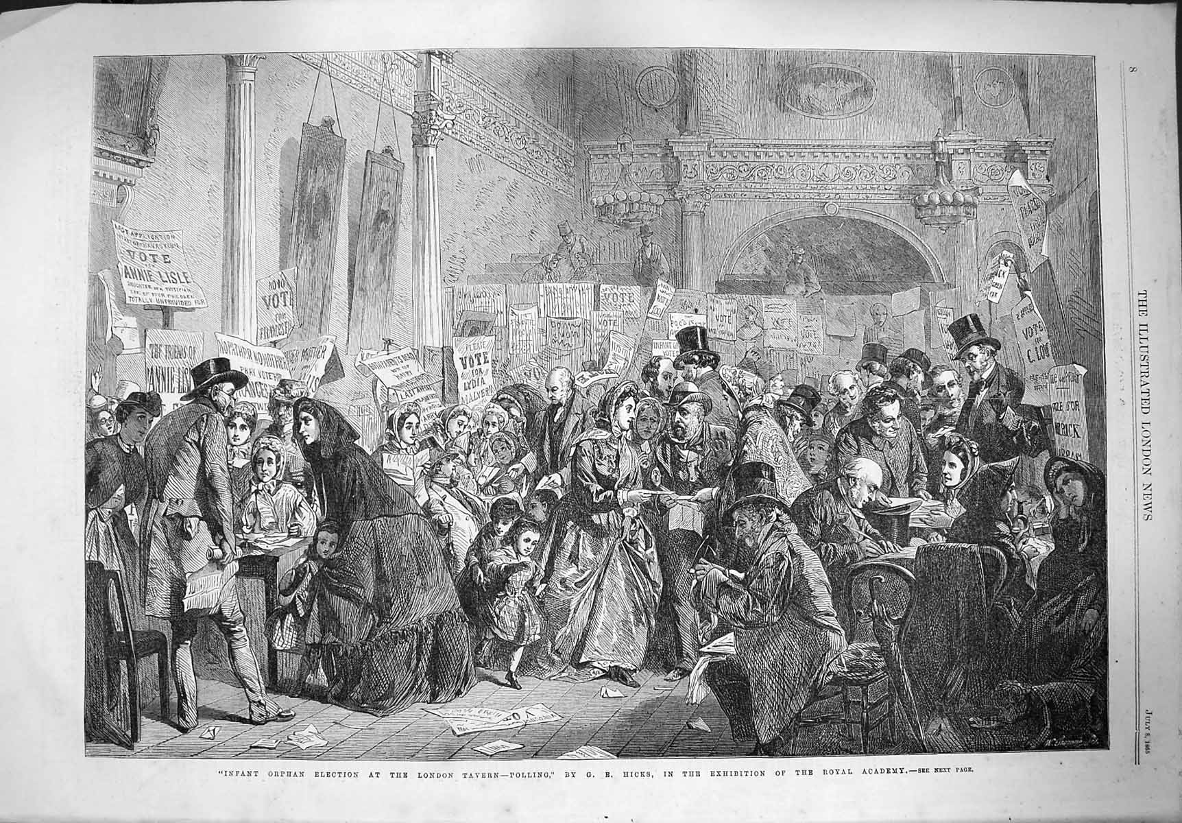 Original Old Antique Print 1865 Infant Orphan Election London Tavern Victorian