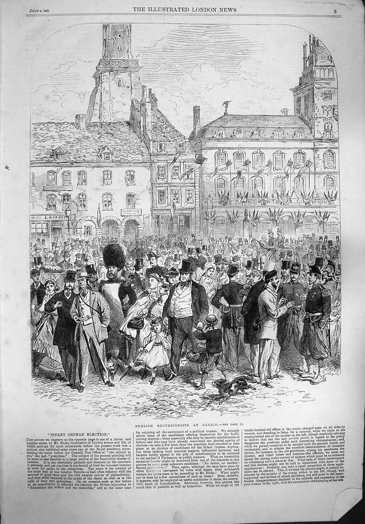 Original Old Antique Print 1865 English Excursionists Calais France Holidays