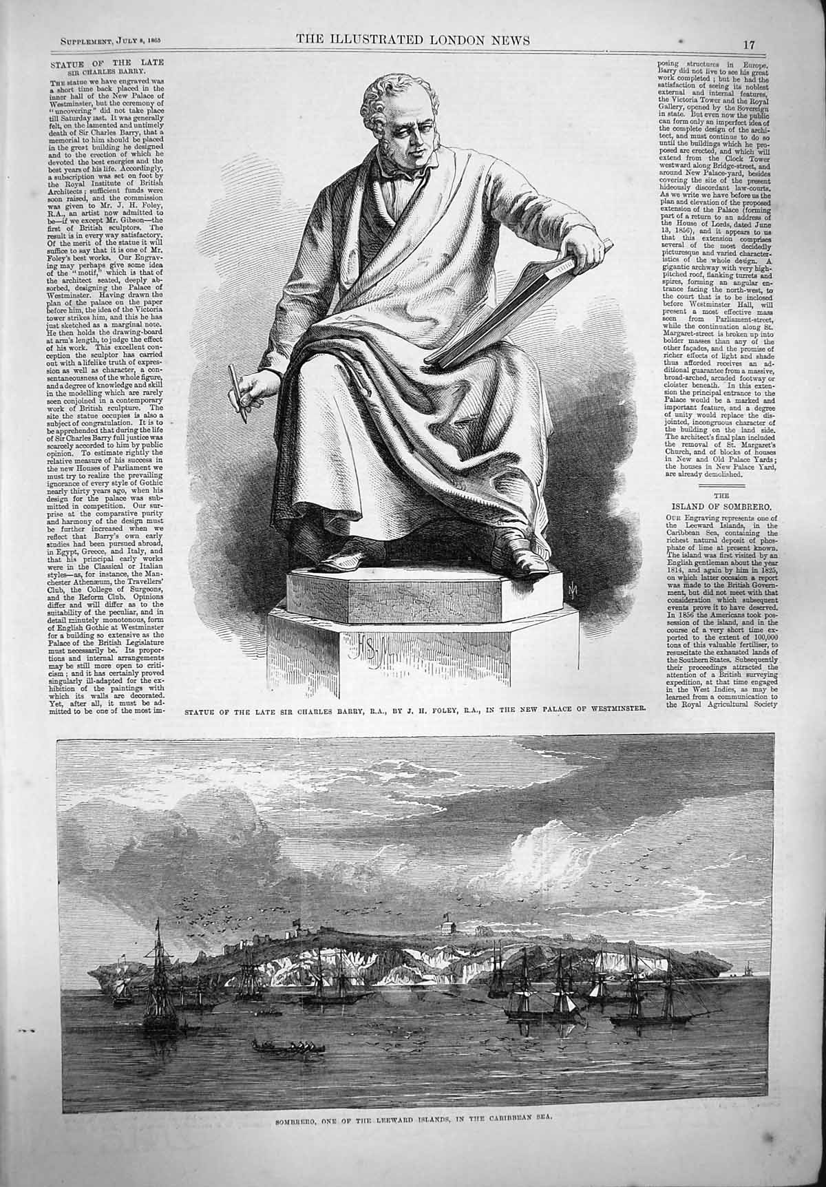 Old Antique Print 1865 Statue Charles Barry Sombrero Leeward Islands Ship 19th
