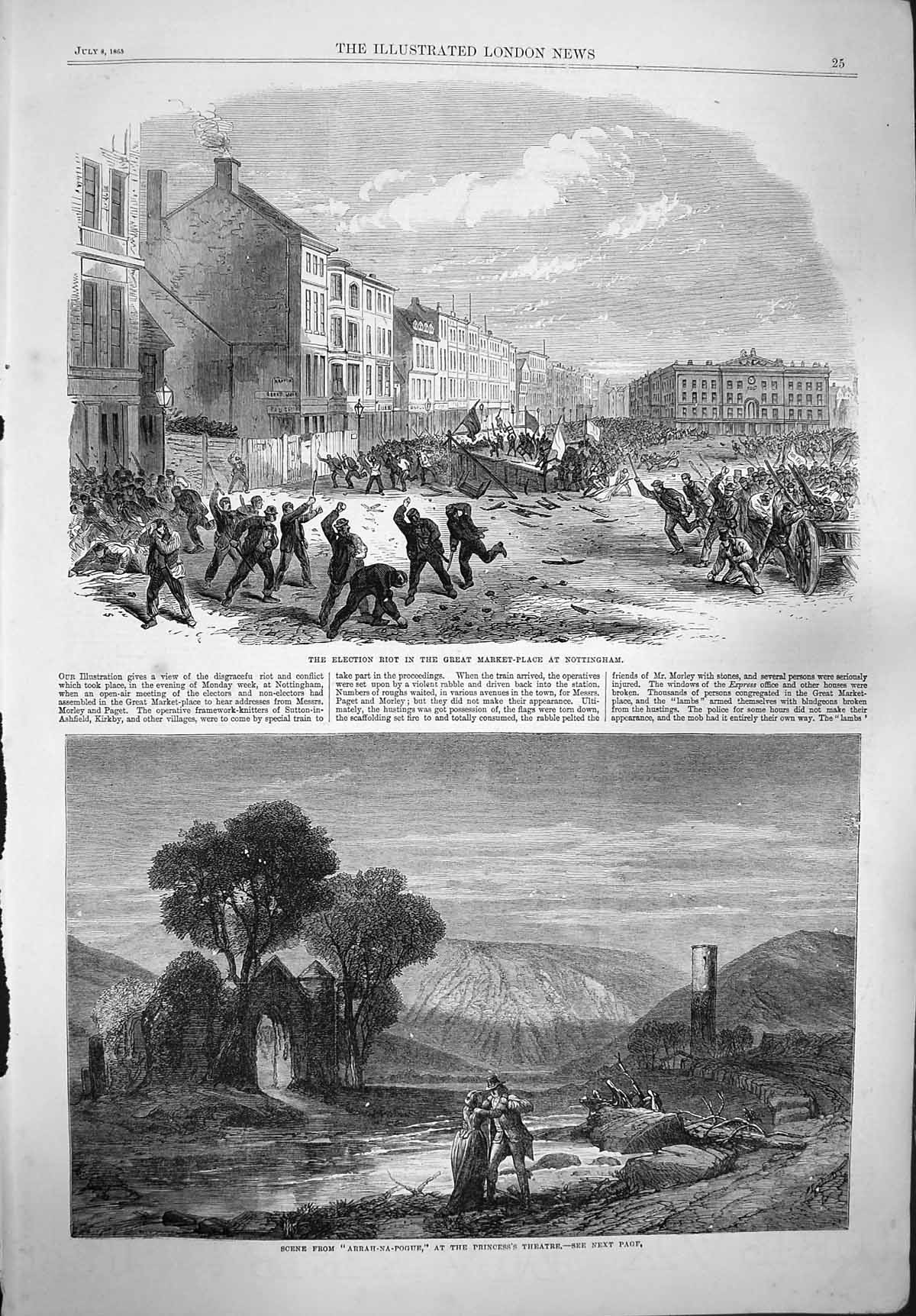 Original Old Antique Print 1865 Election Riot Nottingham Princess Theatre Scene