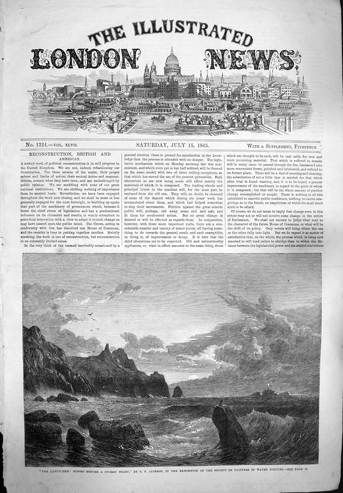Original Old Antique Print 1865 Land'S-End Stormy Sea Cliffs Sunset Jackson