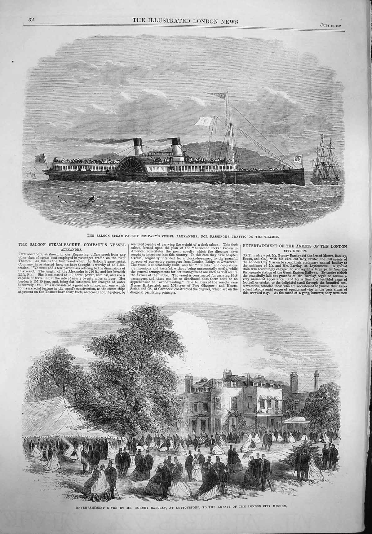 Original Old Antique Print 1865 Saloon Steam-Packet Ship Alexandra Gurney 19th