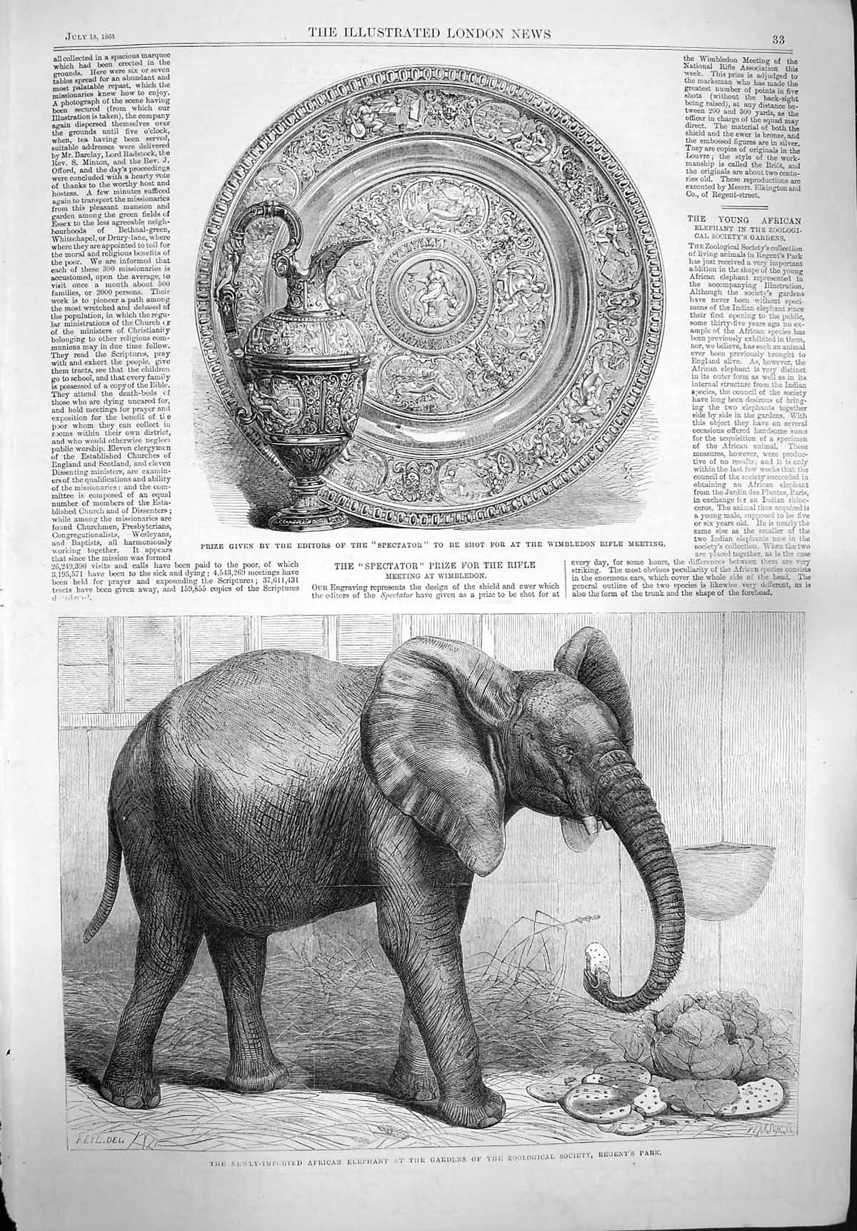 Old Antique Print 1865 African Elephant Prize Wimbledon Rifle Spectator 19th