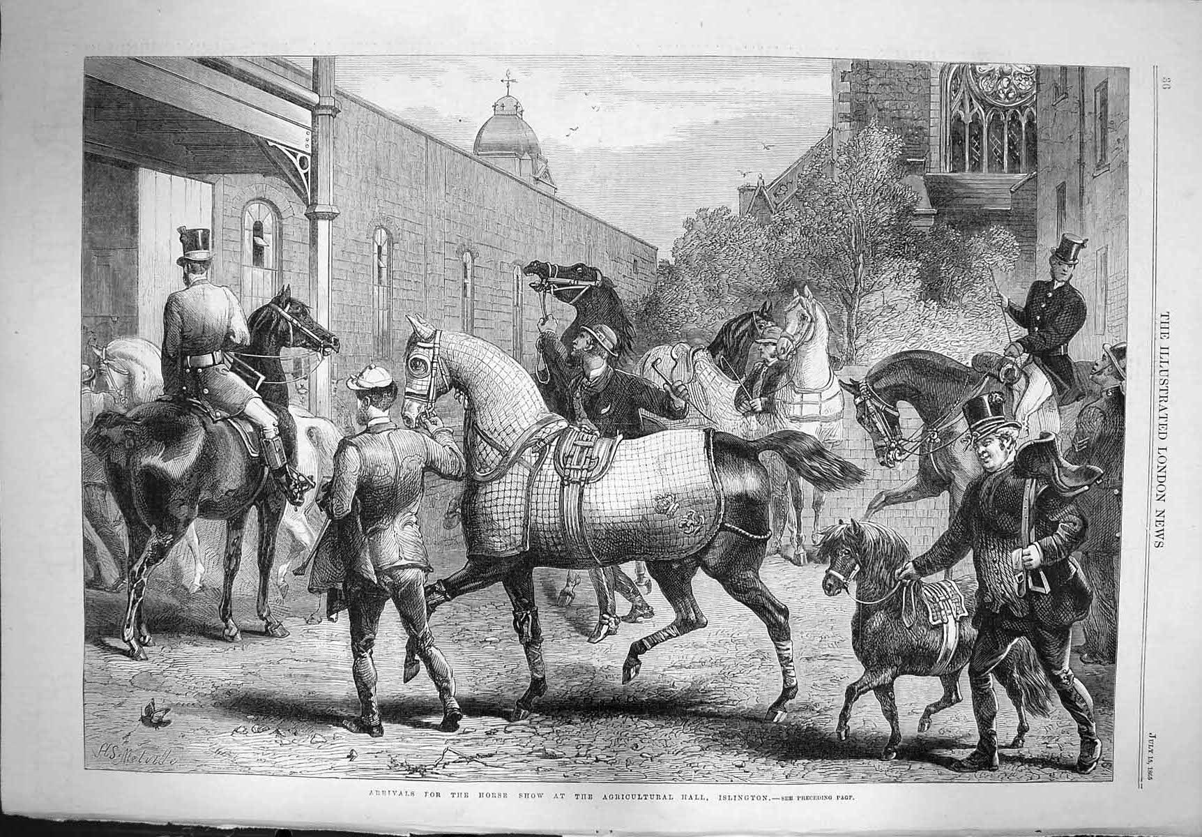 Original Old Antique Print 1865 Arrivals Horse Show Agricultural Show Islington