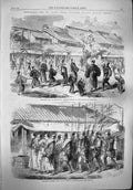 Original Old Antique Print 1865 Japanese Game Battledore Yokohama Shuttlecock