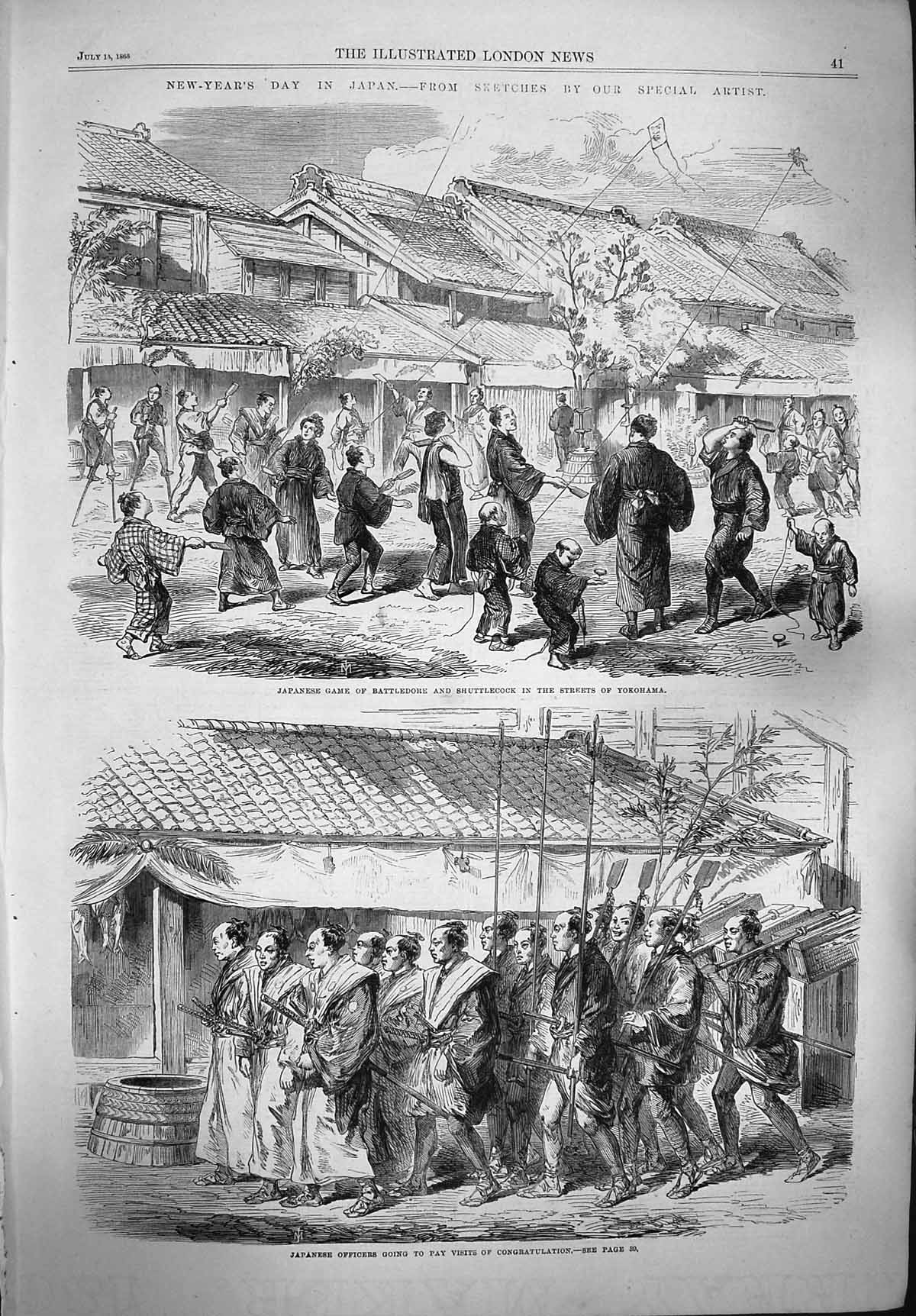 Original Old Antique Print 1865 Japanese Game Battledore Yokohama Shuttlecock