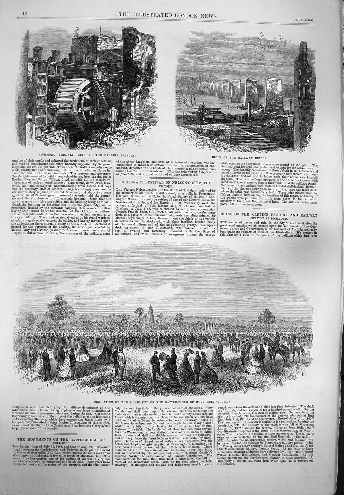 Old Antique Print 1865 Battle Field Bull Run Virginia Railway Bridge Ruin 19th