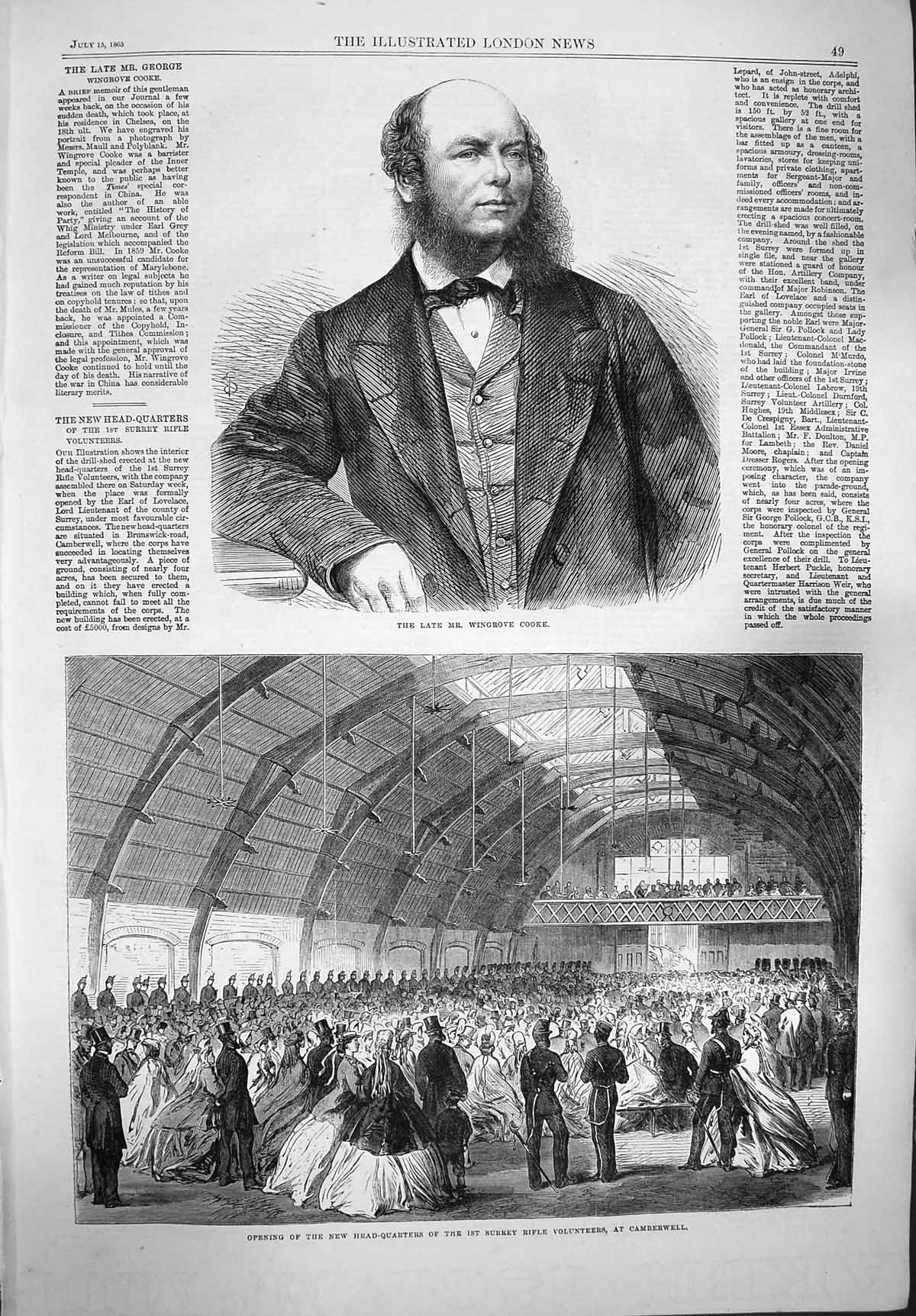 Original Old Antique Print 1865 Portrait Wingrove Cooke Surrey Rifle Volunteers