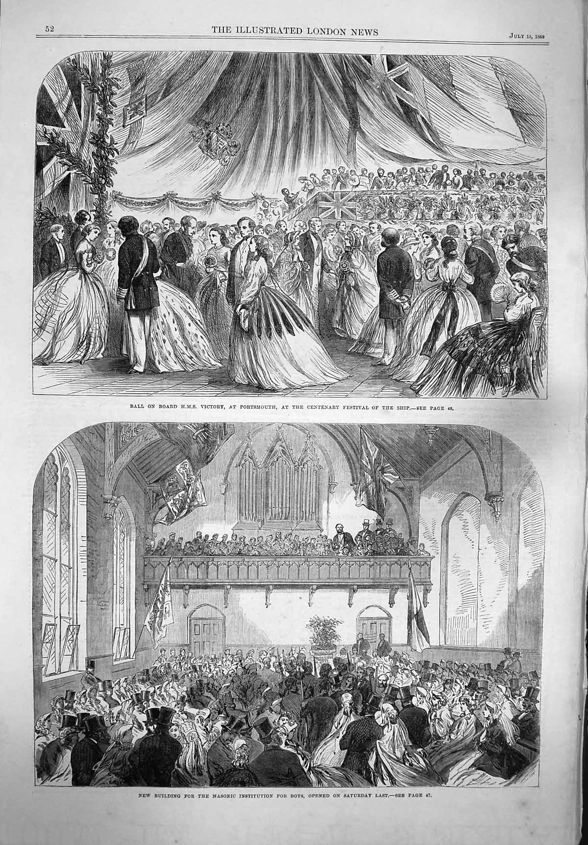 Old Antique Print 1865 Ball Ship Victory Portsmouth Masonic Institution 19th