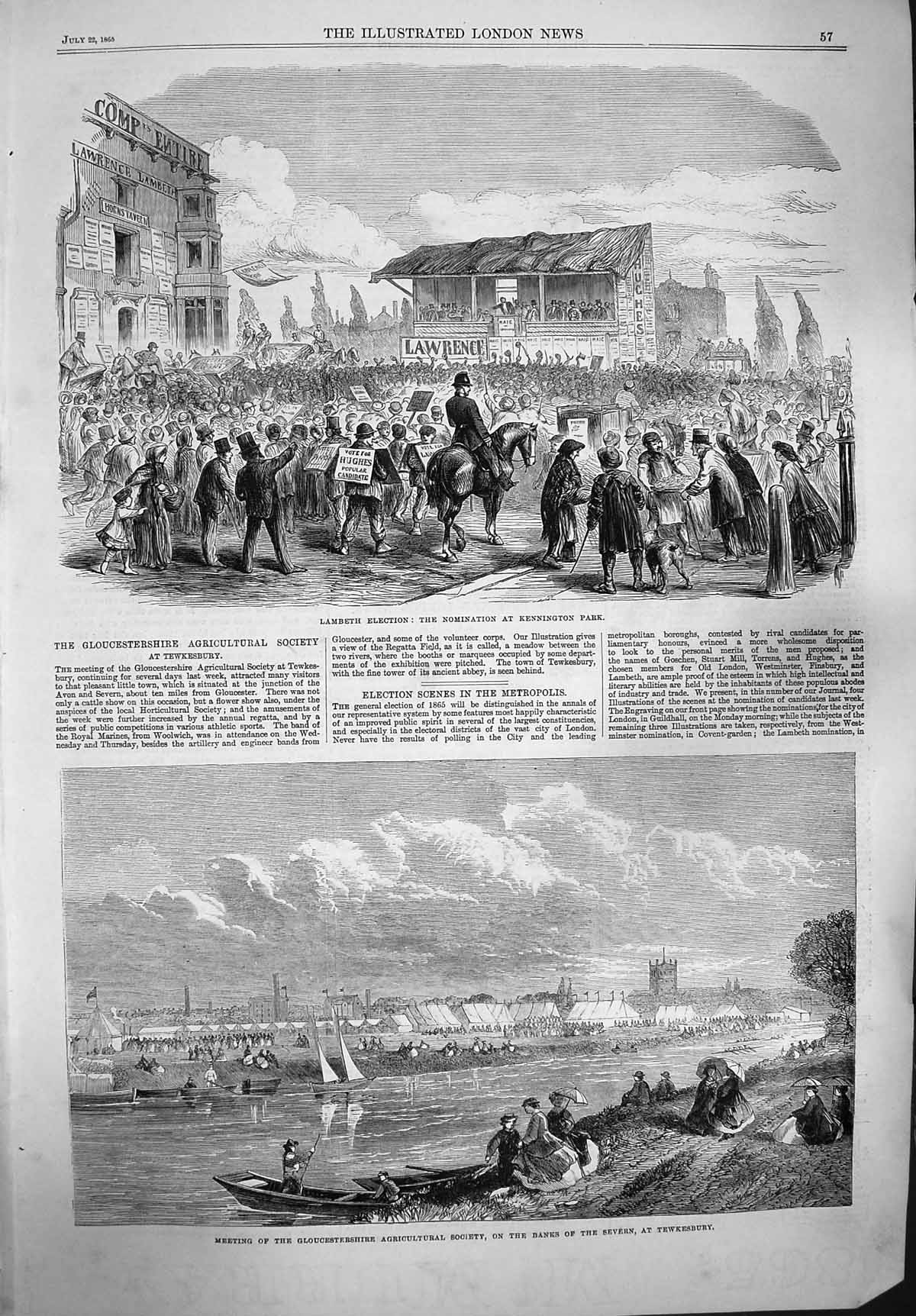 Old Antique Print 1865 Lambeth Election Kennington Park Severn Tewkesbury 19th
