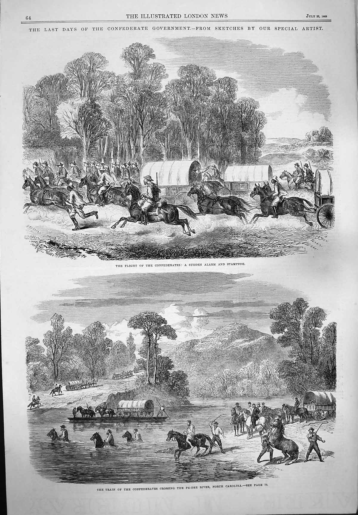 Old Antique Print 1865 Civil War Government Pe-Dee River Carolina Davis 19th