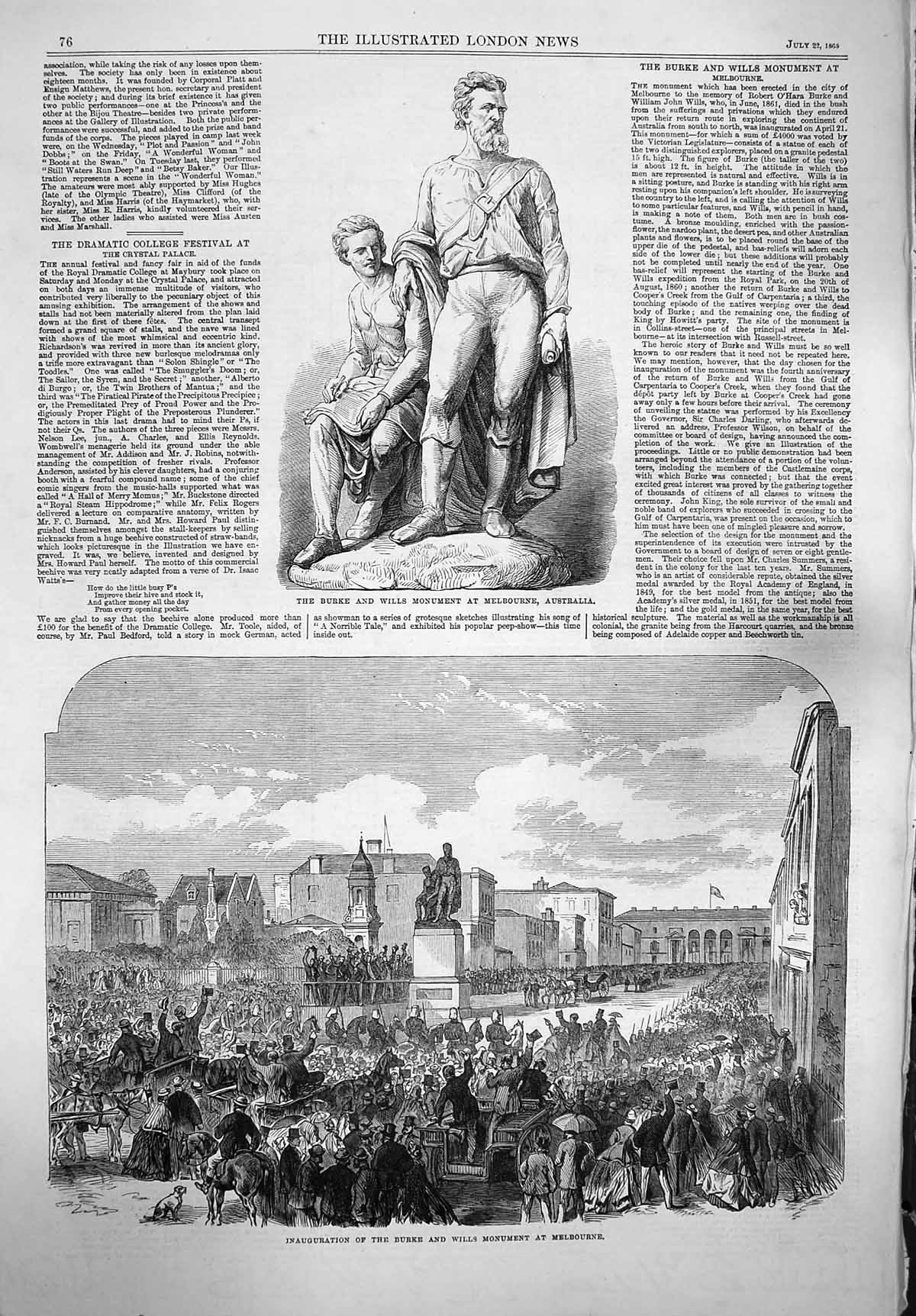 Original Old Antique Print 1865 Burke Wills Statue Monument Melbourne Au 19th