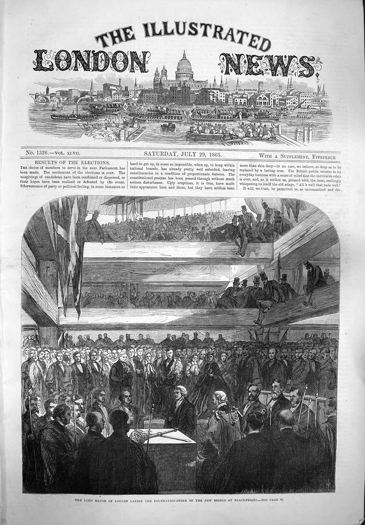 Original Old Antique Print 1865 Lord Mayor London Foundation Blackfriars Bridge