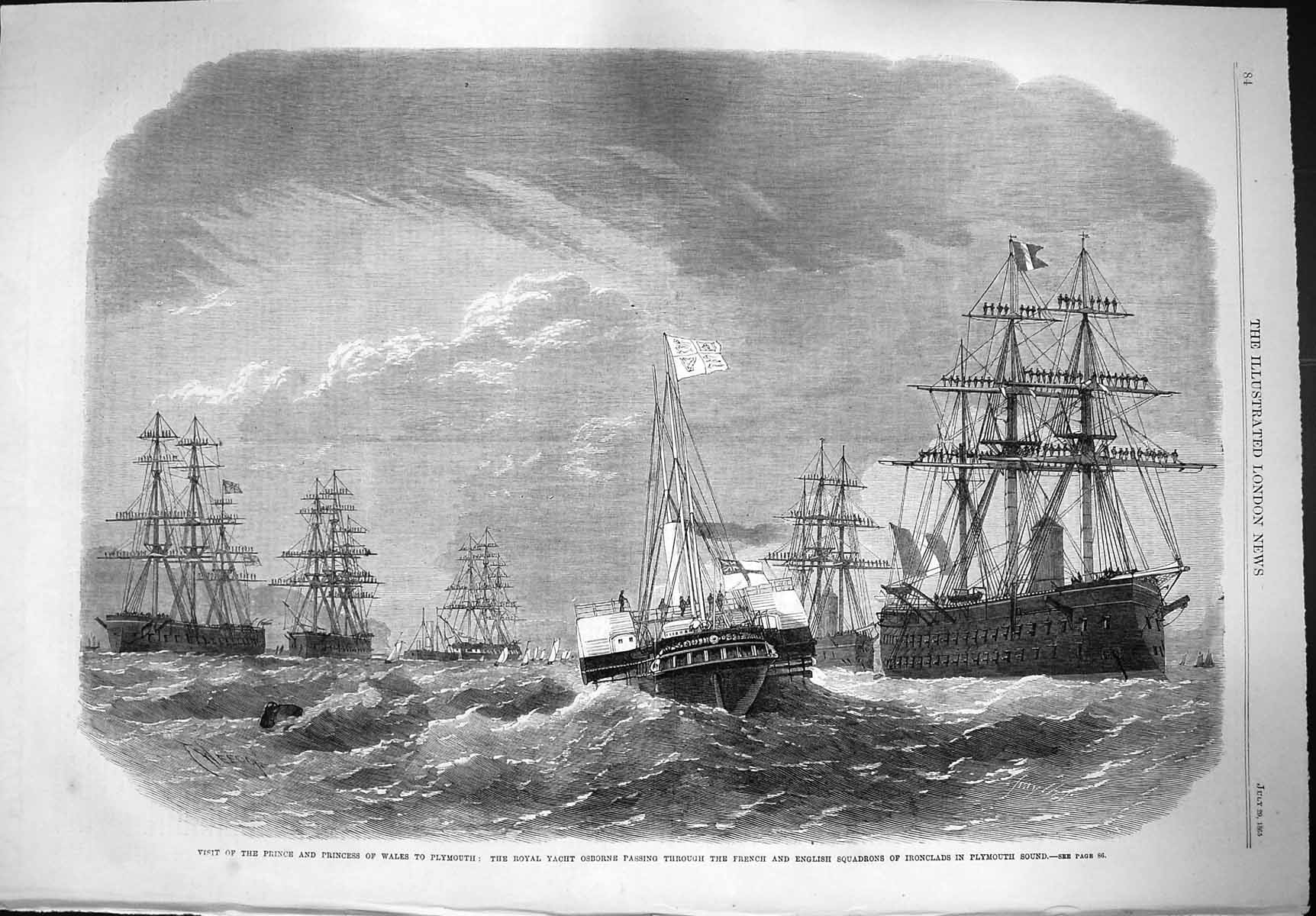 Original Old Antique Print 1865 Prince Wales Plymouth Ships Osborne Plymouth