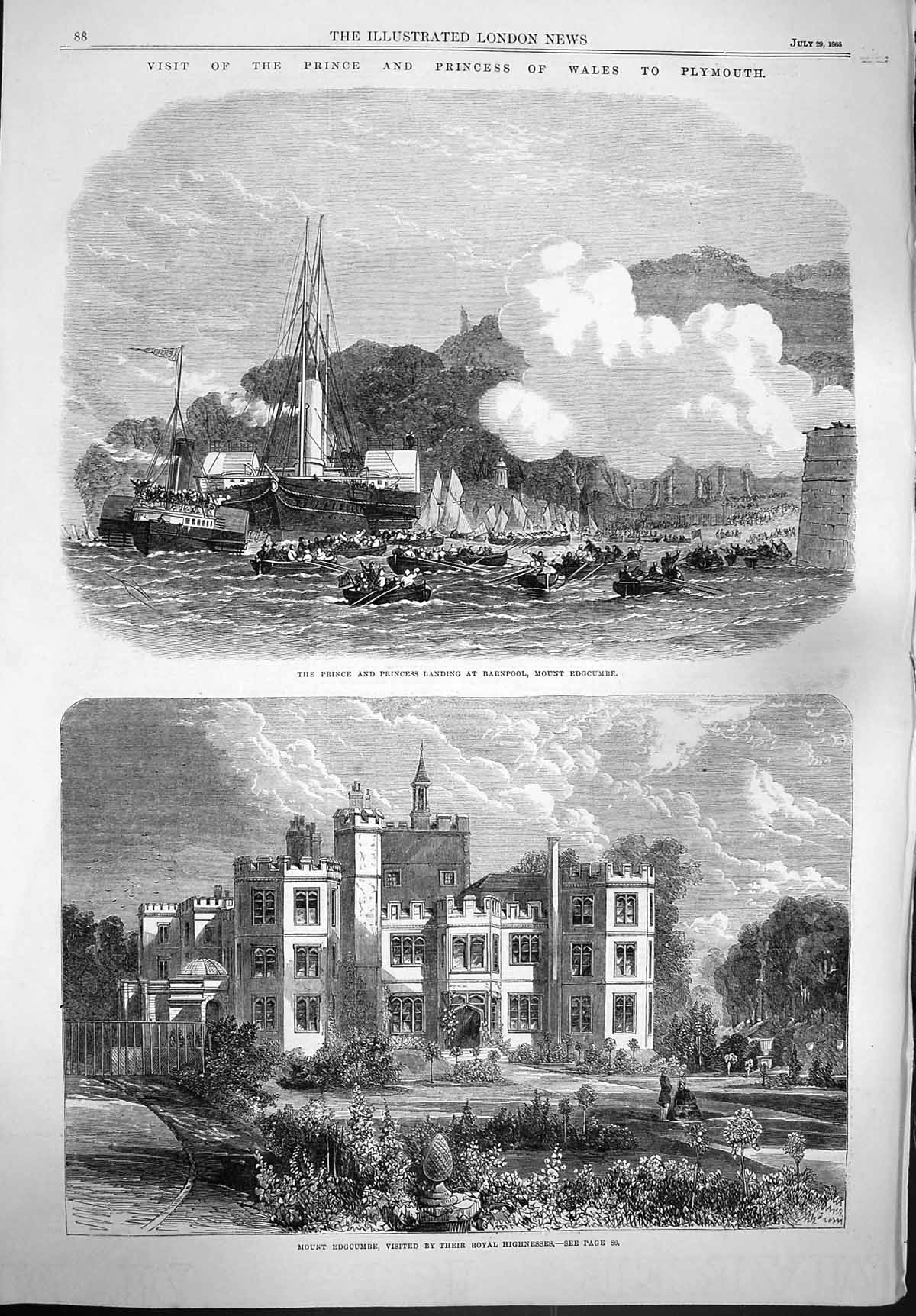 Original Old Antique Print 1865 Prince Wales Plymouth Barnpool Mount Edgcumbe