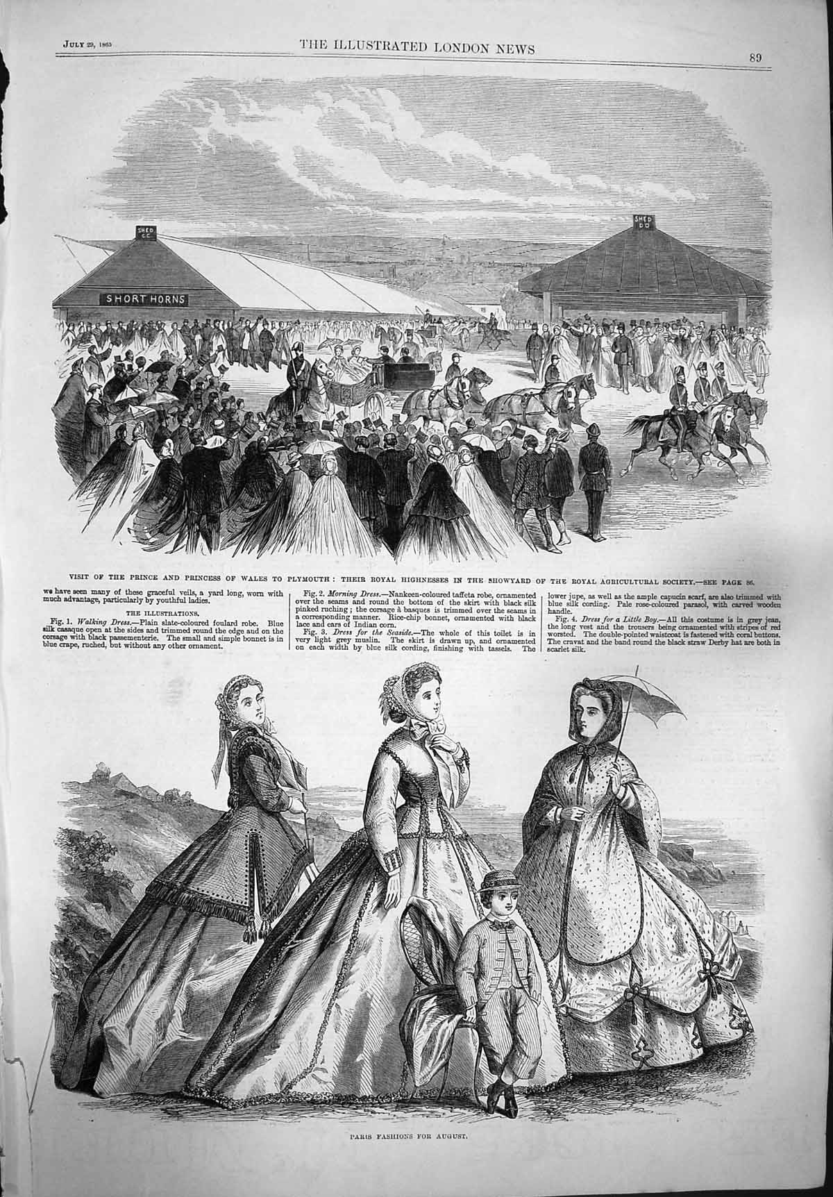 Original Old Antique Print 1865 Paris Fashion Prince Wales Plymouth Agriculture