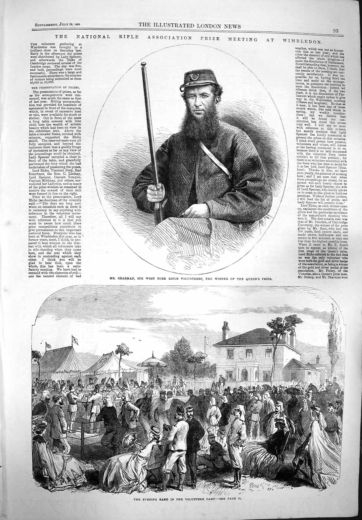Original Old Antique Print 1865 Sharman National Rifle Wimbledon Highland Games