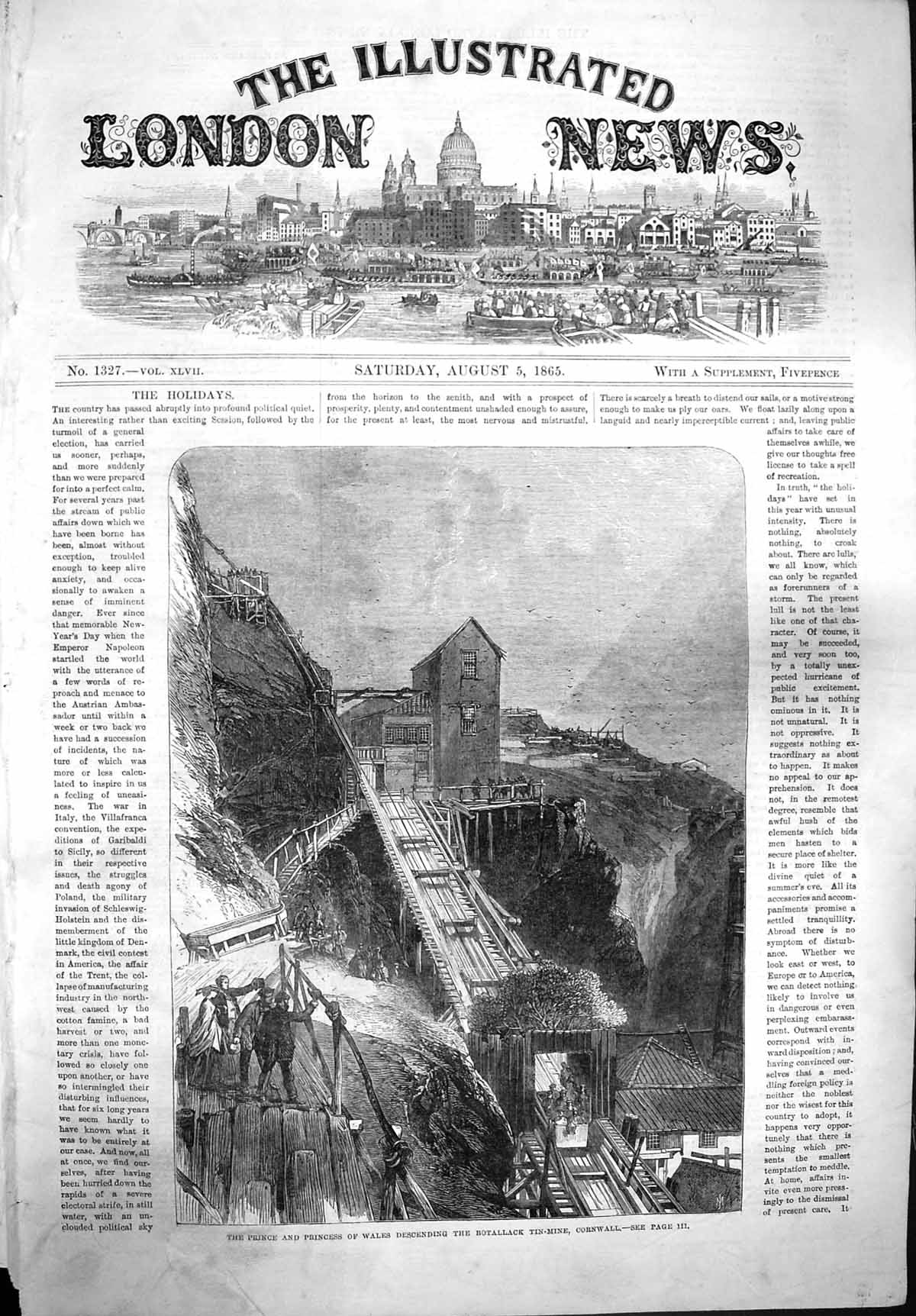 Original Old Antique Print 1865 Prince Princess Wales Botallack Tin Mine C 19th