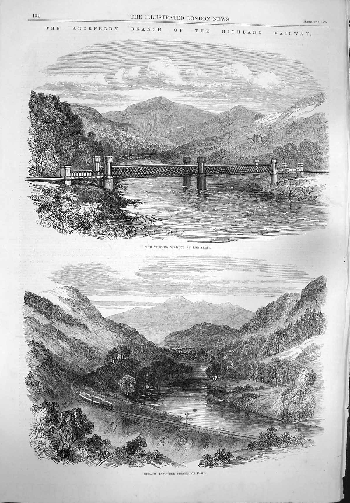 Original Old Antique Print 1865 Aberfeldy Highland Railway Tummel Strath Tay