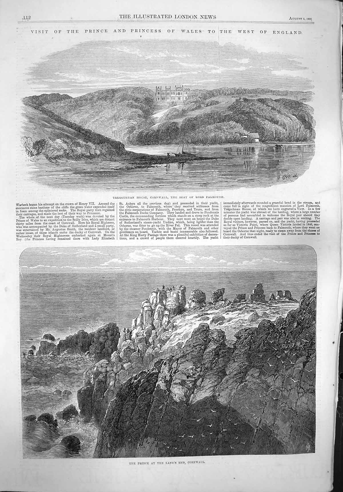 Original Old Antique Print 1865 Tregothnan House Cornwall Lord Falmouth La 19th