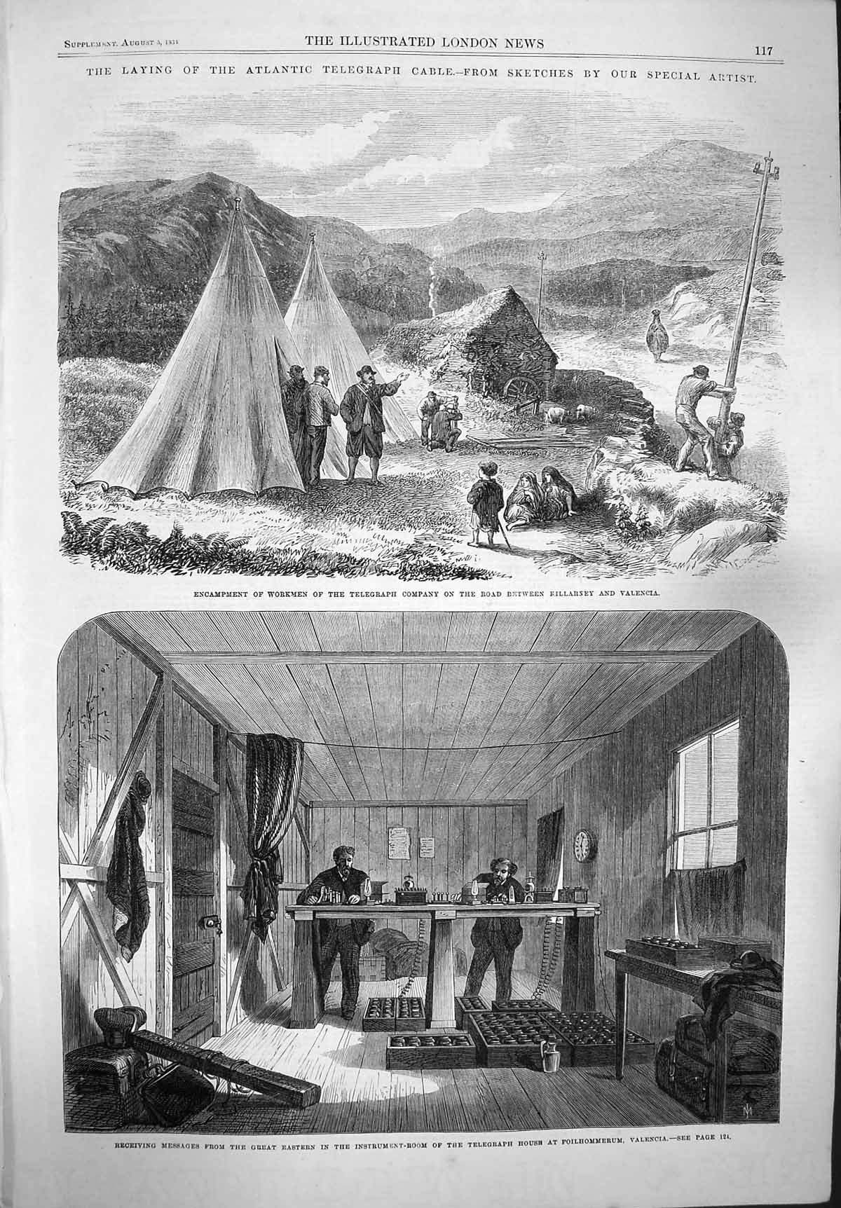 Original Old Antique Print 1865 Atlantic Telegraph Cable Killarsey Foilhommerum