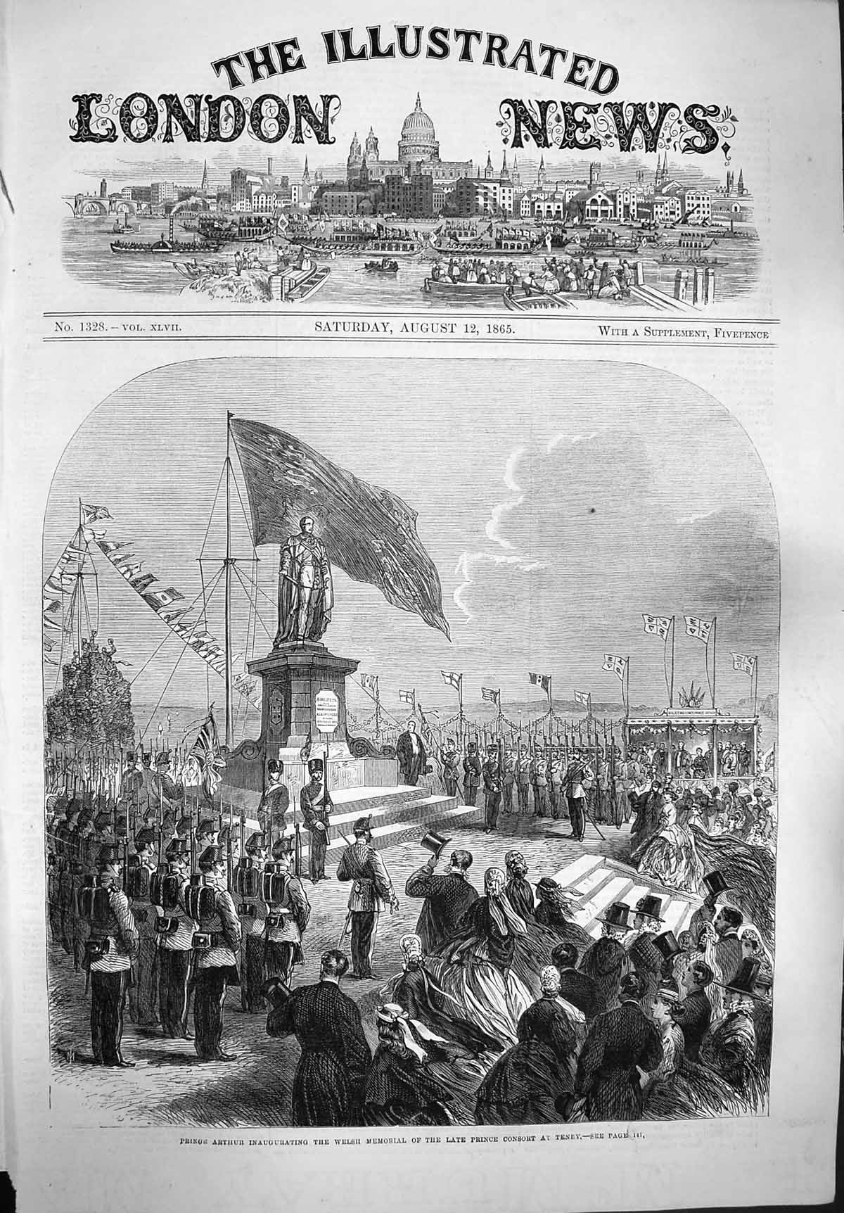 Original Old Antique Print 1865 Prince Arthur Welsh Memorial Consort Tenby 19th