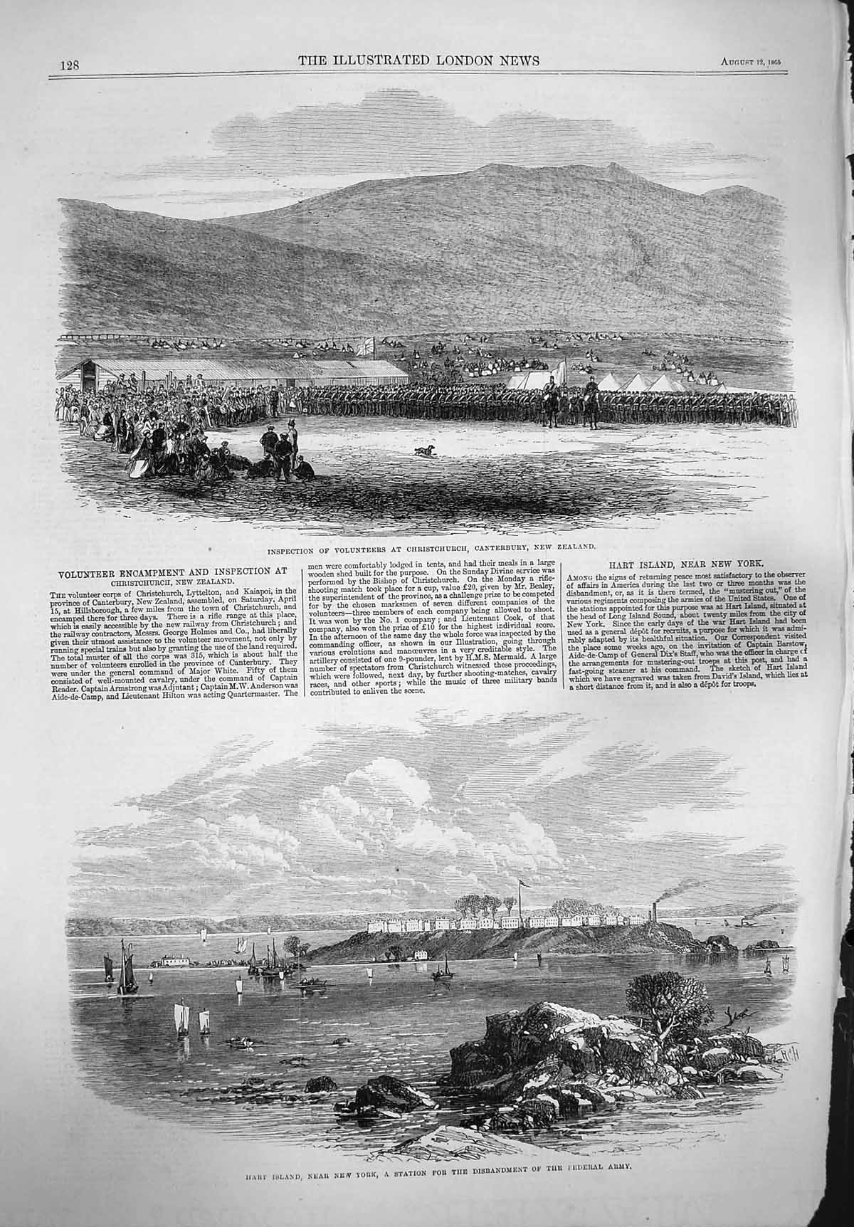 Old Antique Print 1865 Volunteers Canterbury New Zeland Hart Island York 19th