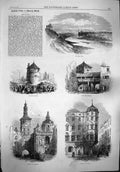 Original Old Antique Print 1865 Munich Market Place Walls Street Buildings Isar