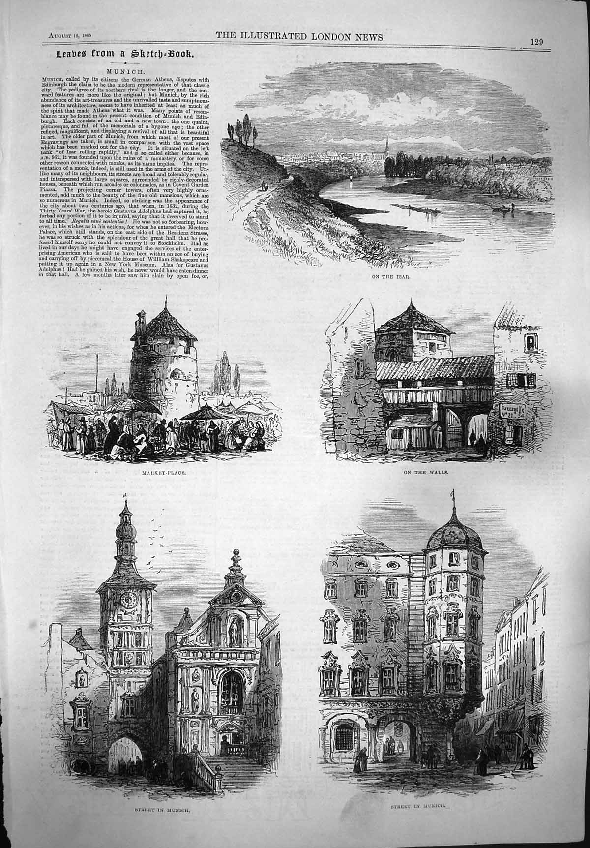 Original Old Antique Print 1865 Munich Market Place Walls Street Buildings Isar