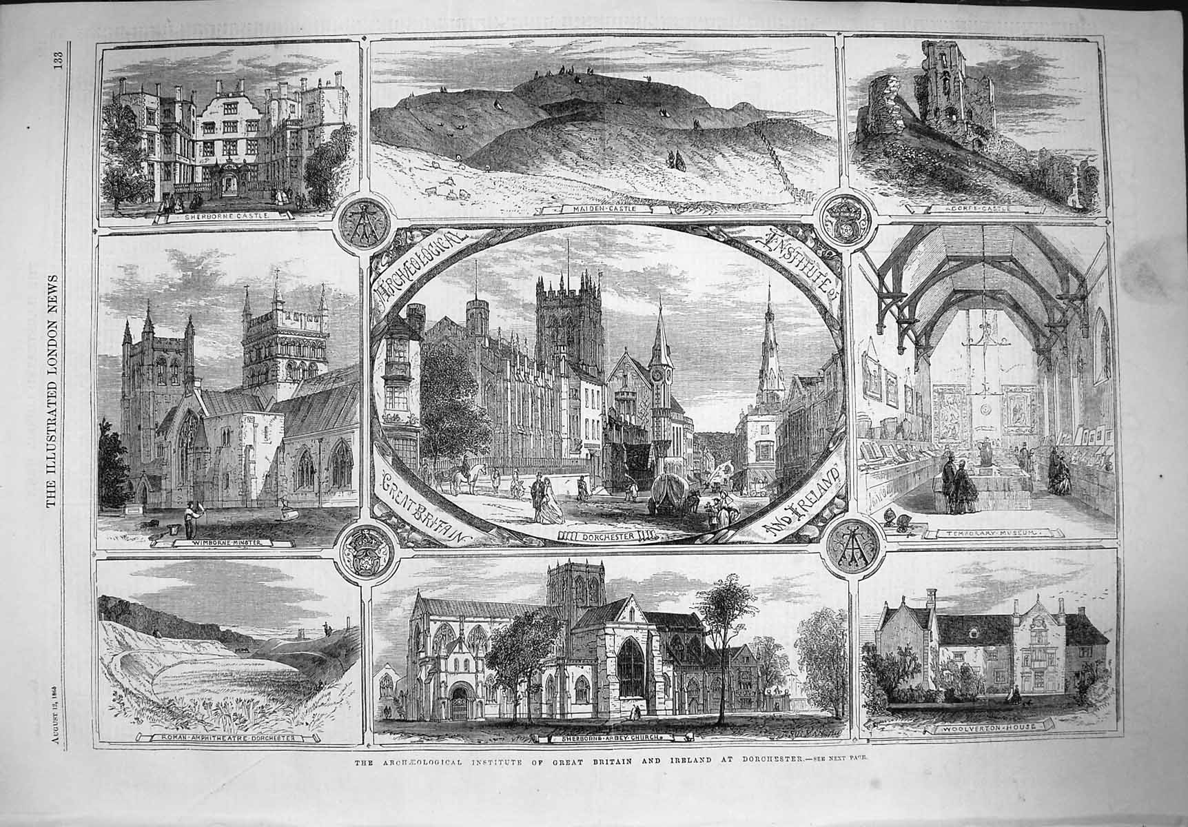 Original Old Antique Print 1865 Dorchester Maiden Castle Woolverton Wimborne