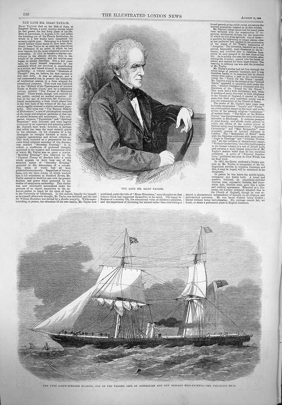 Original Old Antique Print 1865 Isaac Taylor Ship Screw Steamer Rhahini Panama