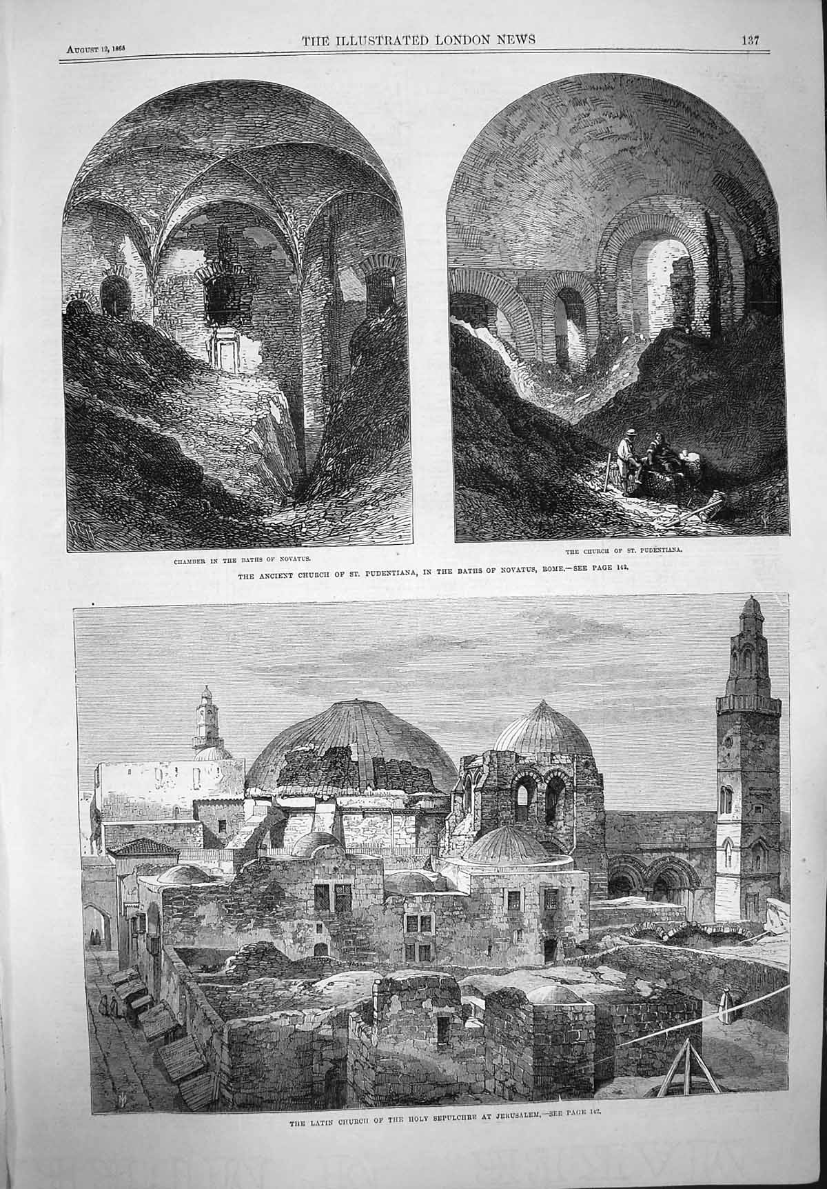 Original Old Antique Print 1865 Church Pudentiana Bath Novatus Rome Jerusalem