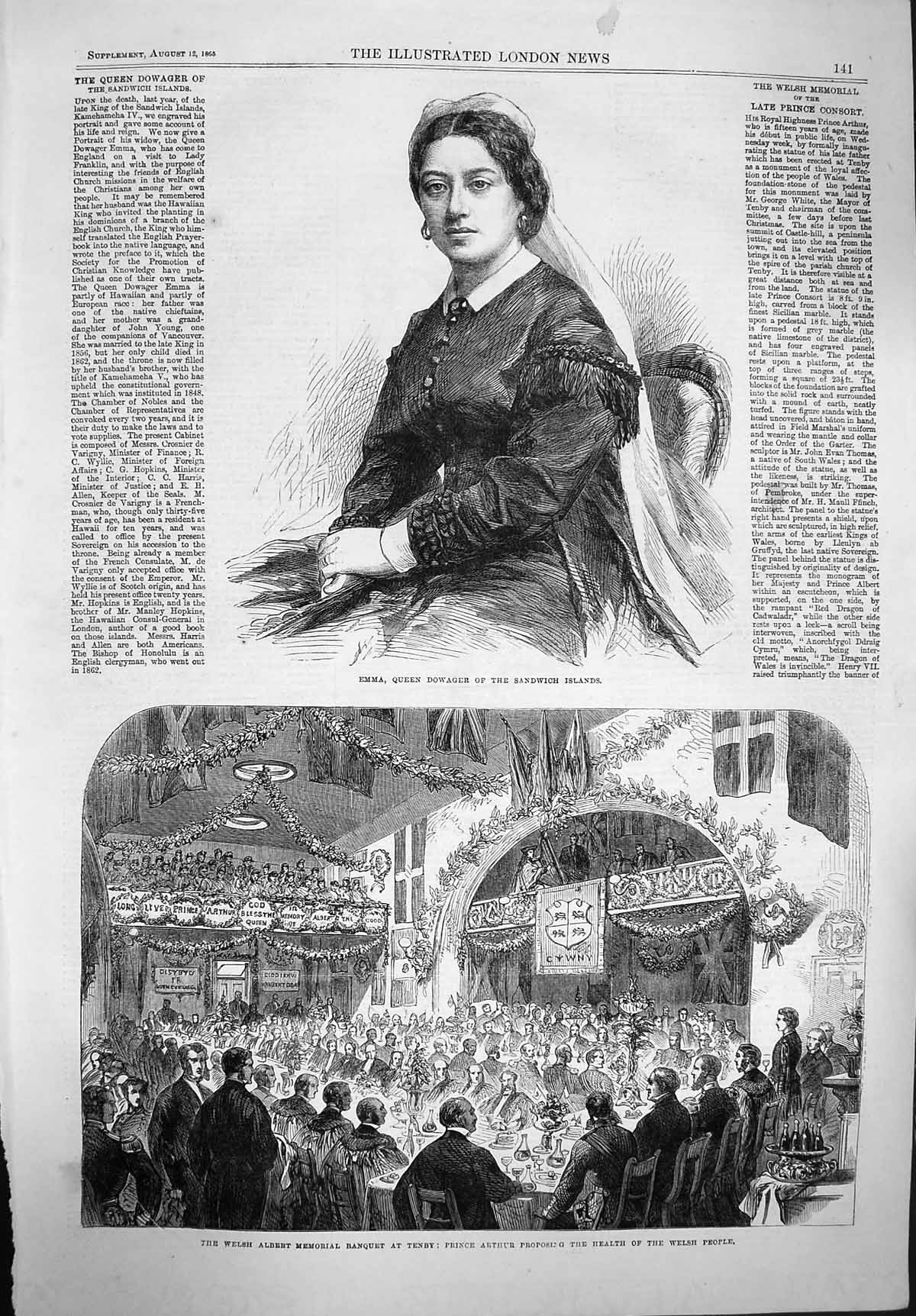 Original Old Antique Print 1865 Emma Queen Dowager Sandwich Welsh Albert Tenby