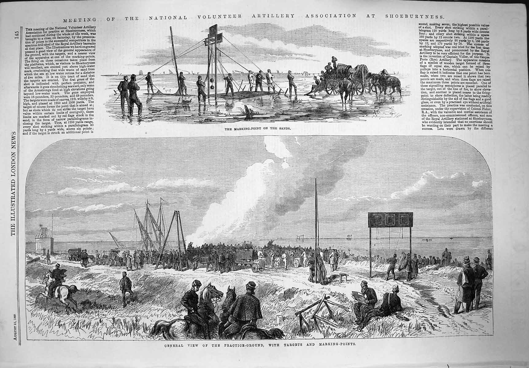 Original Old Antique Print 1865 Marking Point Volunteer Artillery Shoeburyness