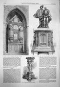 Original Old Antique Print 1865 Organ Bombay Cathedral Monument Egmont Philipps