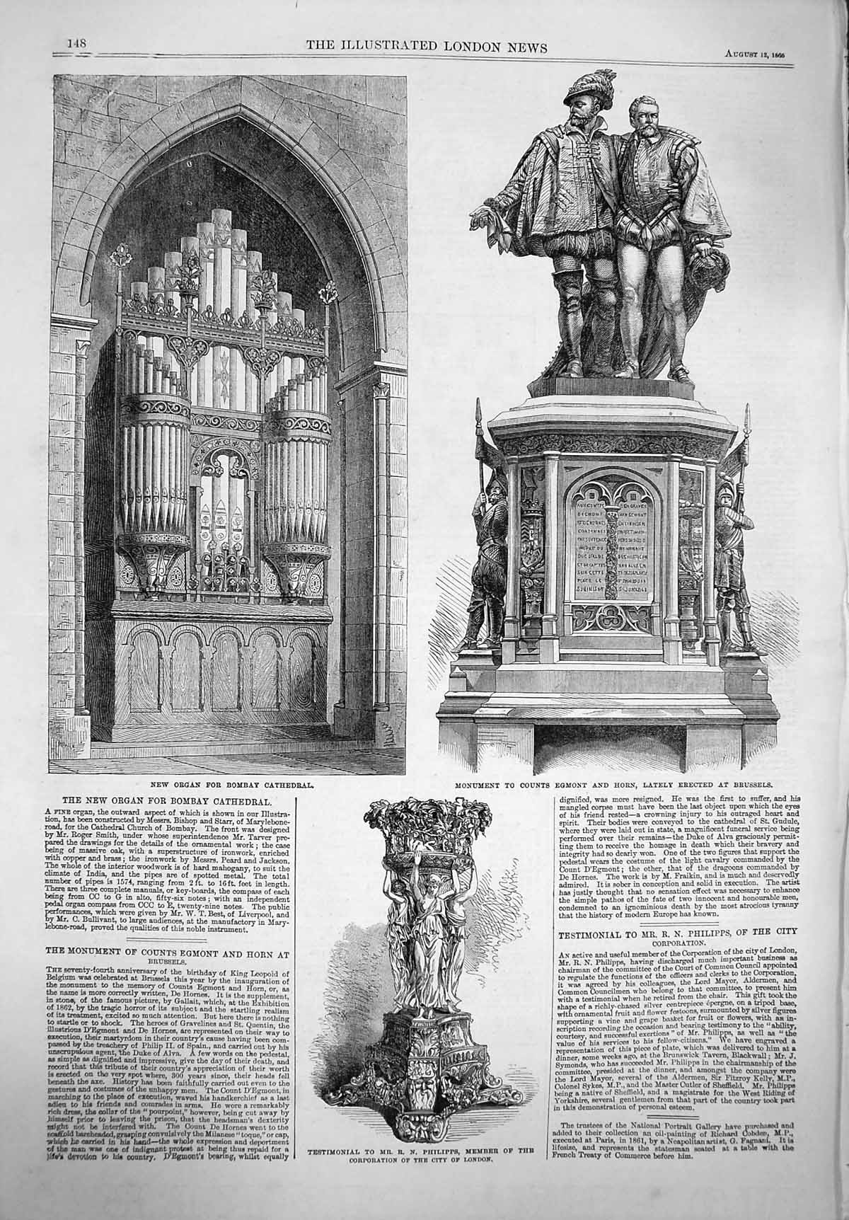 Original Old Antique Print 1865 Organ Bombay Cathedral Monument Egmont Philipps