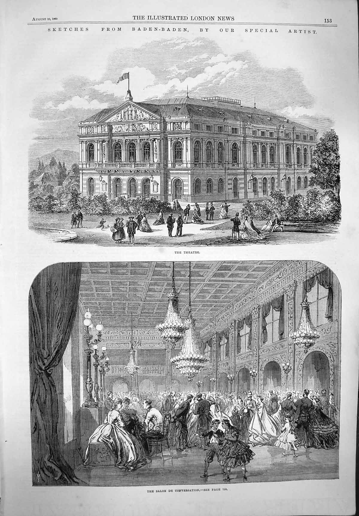 Old Antique Print 1865 Theatre Baden-Baden Salon De Conversation Dancing 19th